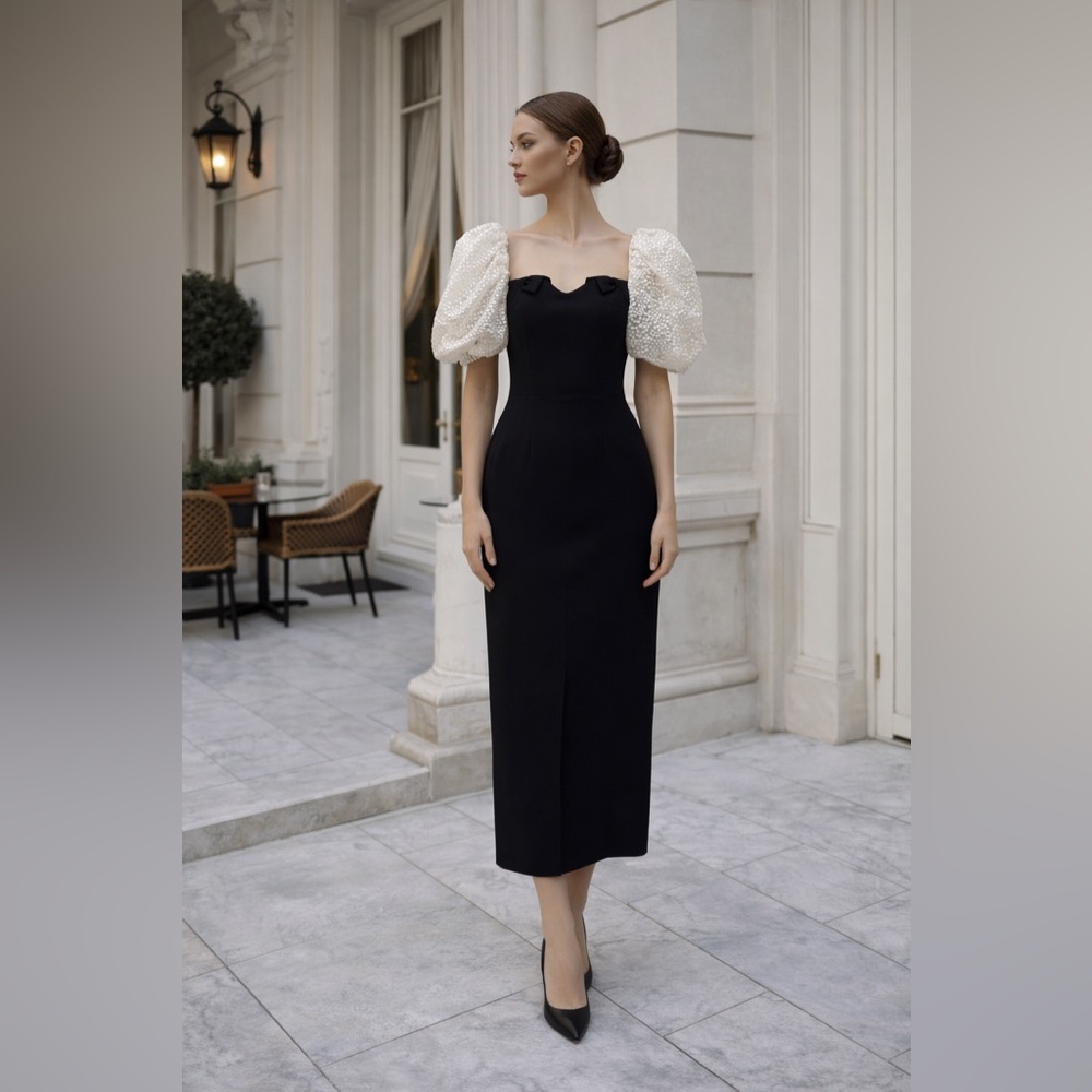 Nipon Night Black Dress White Puff Sleeves Vintage Formal Size S